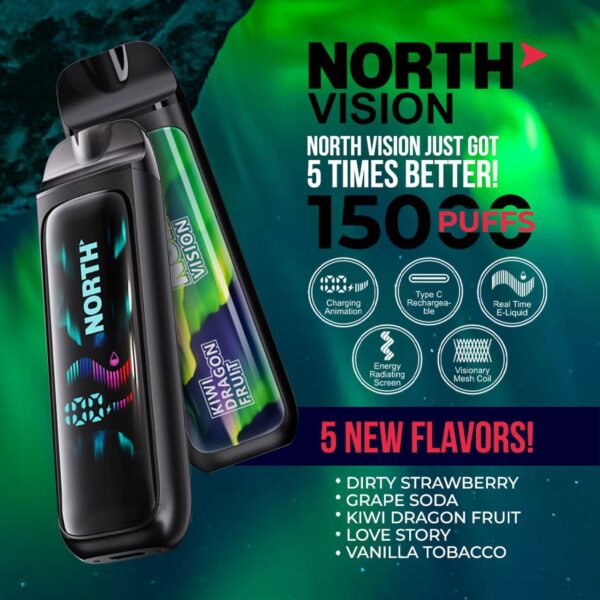 North Vision 15K Puffs 15ML Disposable Device With Visionary Mesh Coil & Energy Radiating Screen - Display of 5