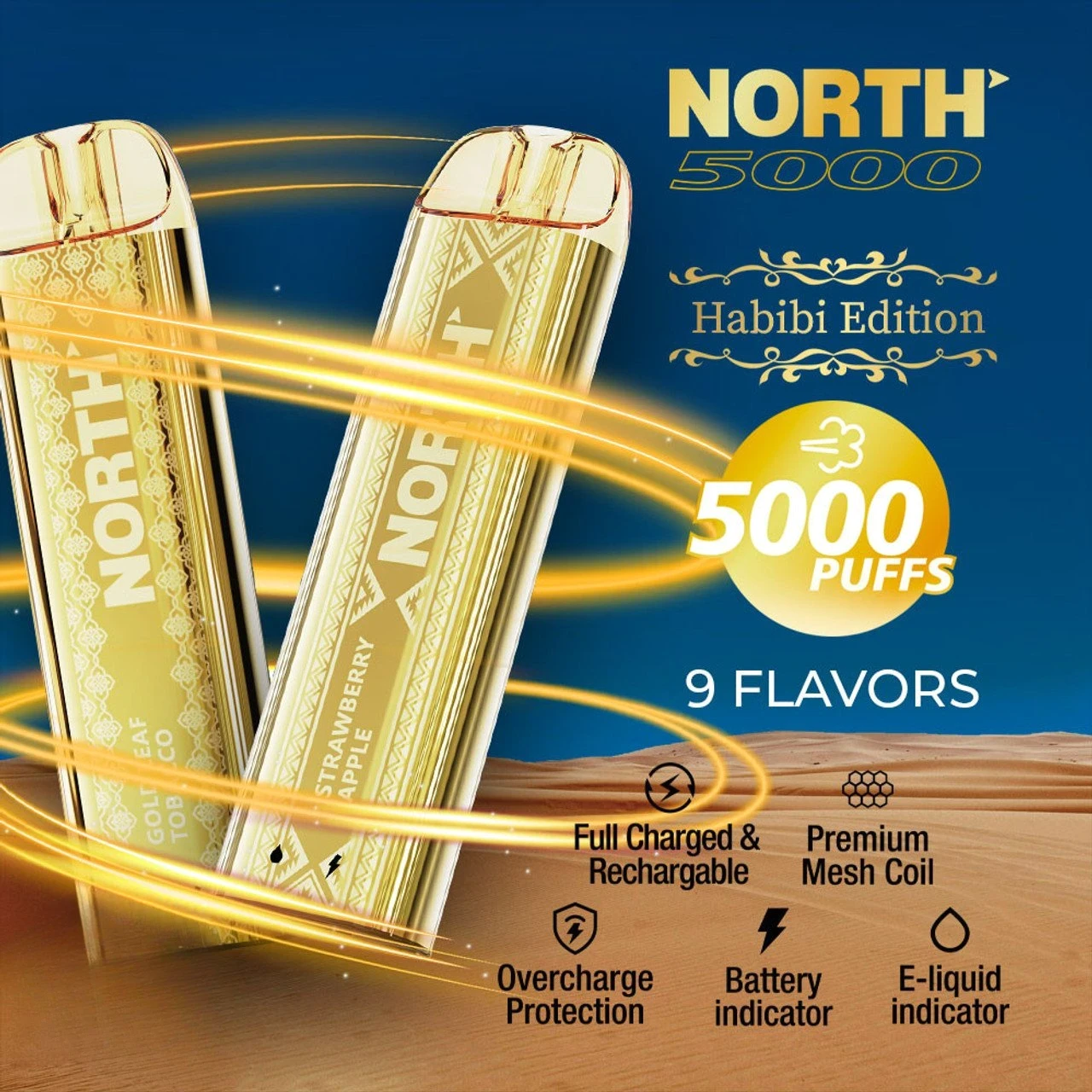 North Habibi Edition 10ML 5000 Puffs Disposable Vape Device With Premium Mesh Coil & E-liquid & Battery Indicator - Display of 10